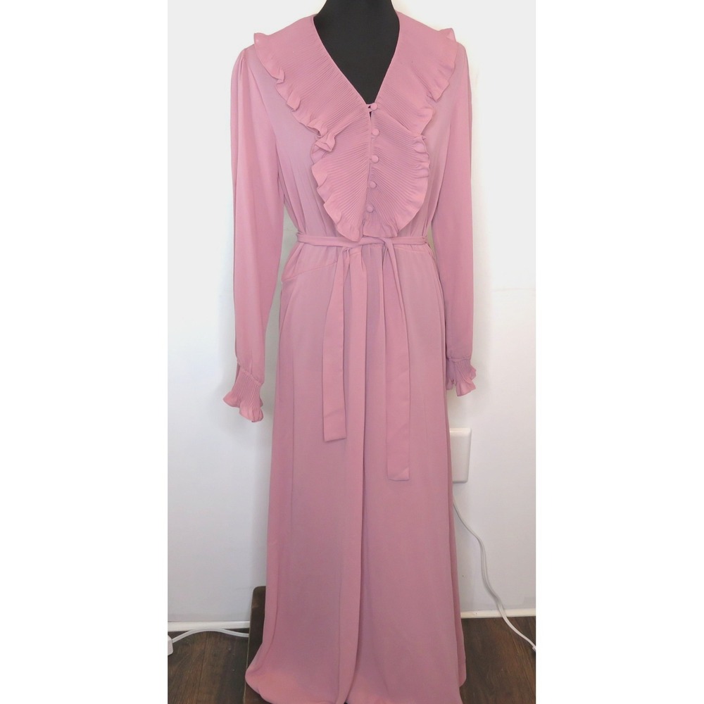 70's Boho Maxi Dress Ruffles 12 L Rose Pink Vintage Romantic Evening VTG
